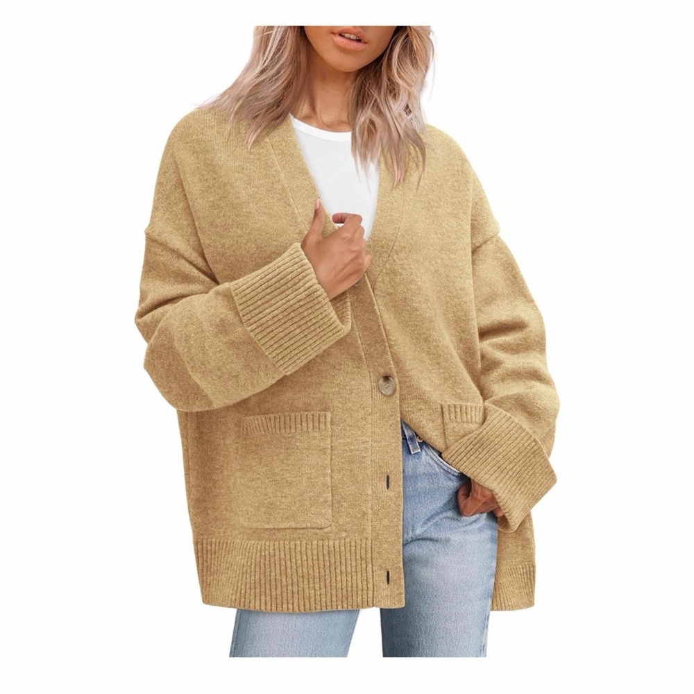 Tan/Khaki Oversized Knit Button-Up Cardigan Sweater